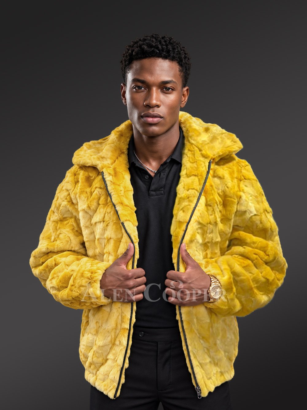 Men’s Yellow Mink Fur Hooded Bomber Jacket - Image 3