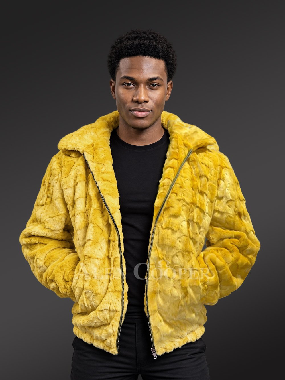 Men’s Yellow Mink Fur Hooded Bomber Jacket - Image 2