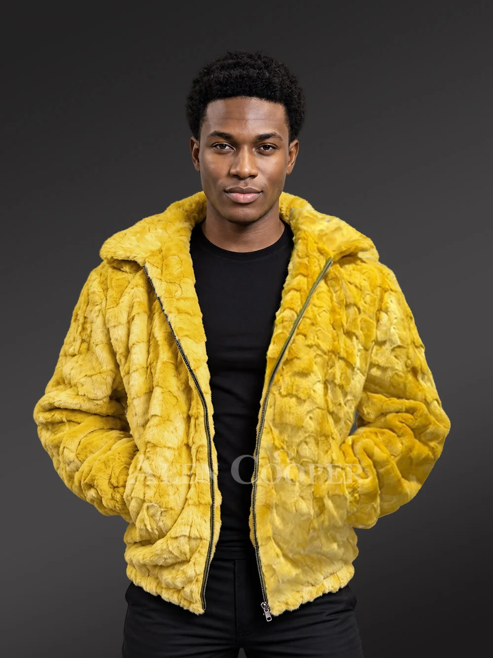 Men’s Yellow Mink Fur Hooded Bomber Jacket - Image 2