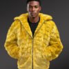 Yellow Mink Fur Hooded Bomber Jacket