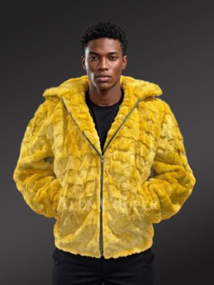 Yellow Mink Fur Hooded Bomber Jacket