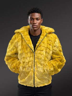 Yellow Mink Fur Hooded Bomber Jacket