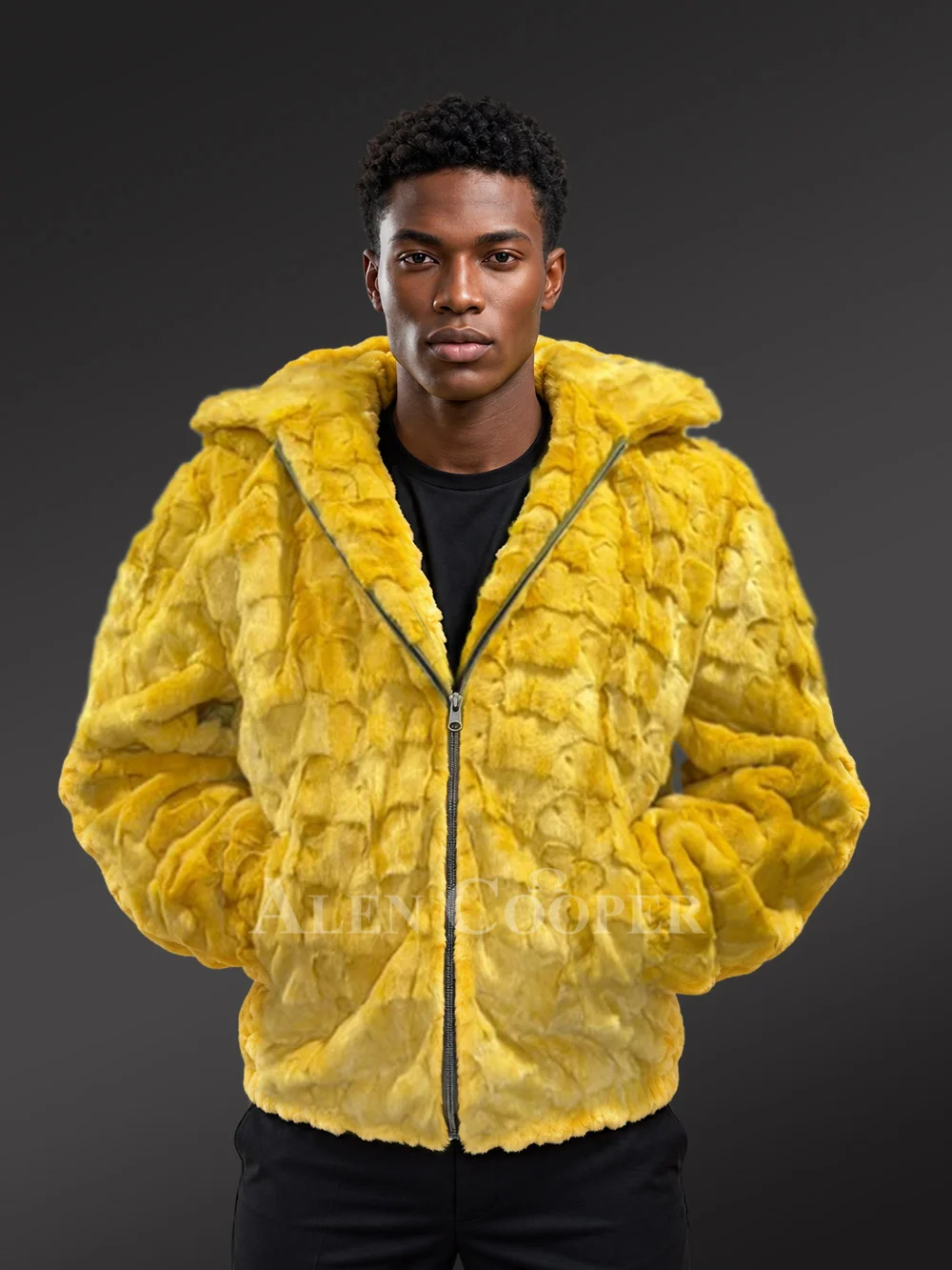 Yellow Mink Fur Hooded Bomber Jacket