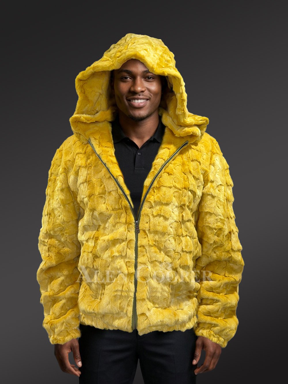 Men’s Yellow Mink Fur Hooded Bomber Jacket - Image 7