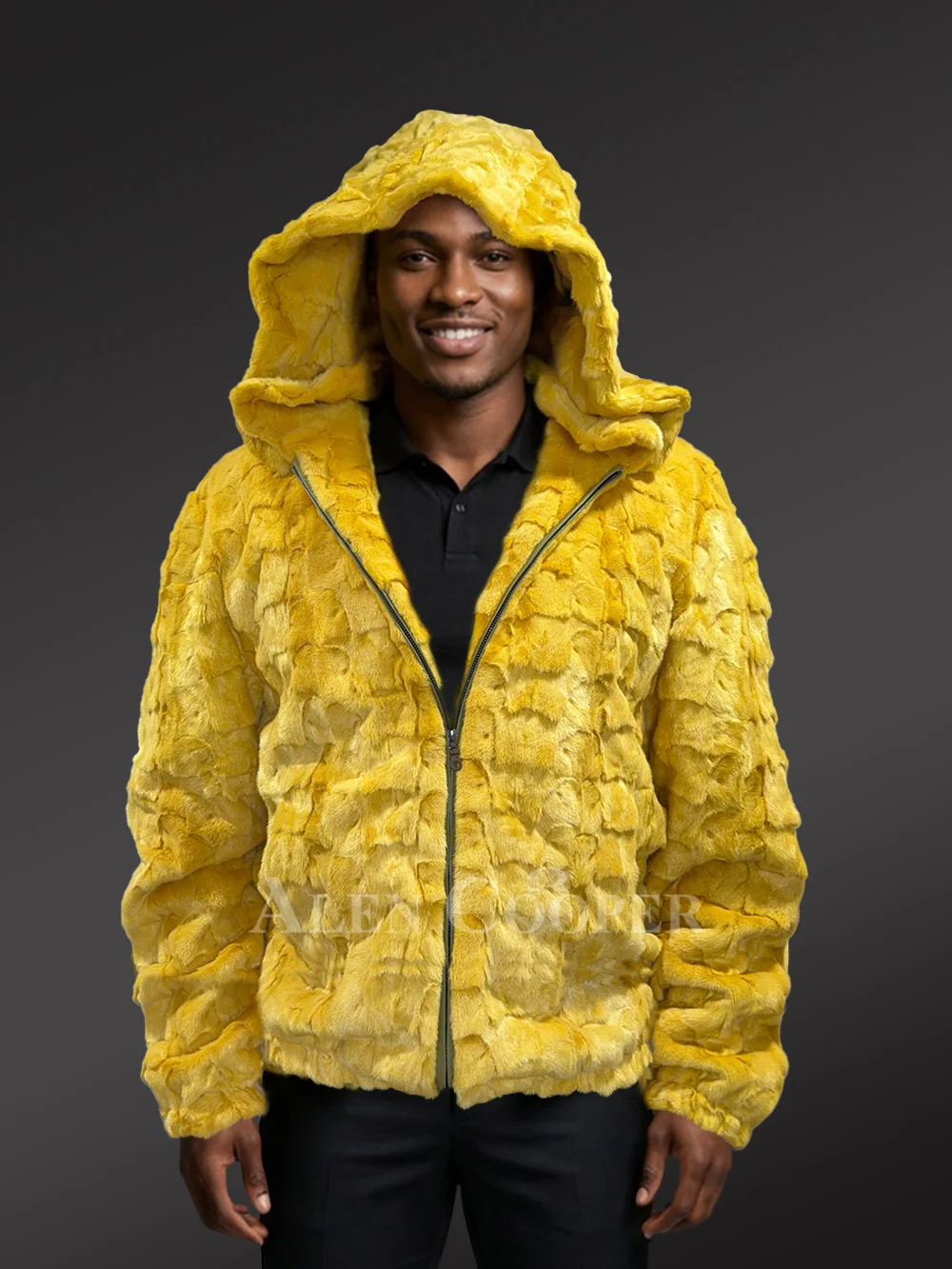 Men’s Yellow Mink Fur Hooded Bomber Jacket - Image 7