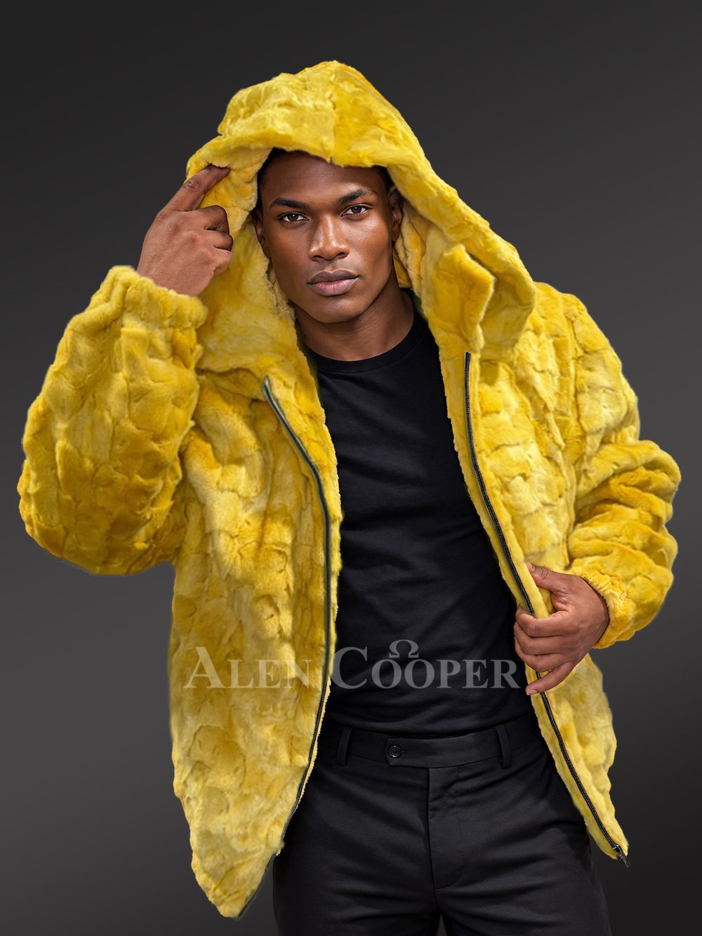 Men’s Yellow Mink Fur Hooded Bomber Jacket - Image 6
