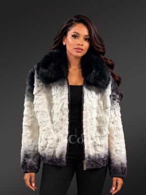 Women 2 Tone Mink Bomber Jacket with Fox Collar