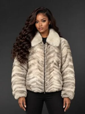 Women’s Herringbone Blue Iris Mink Fur Bomber