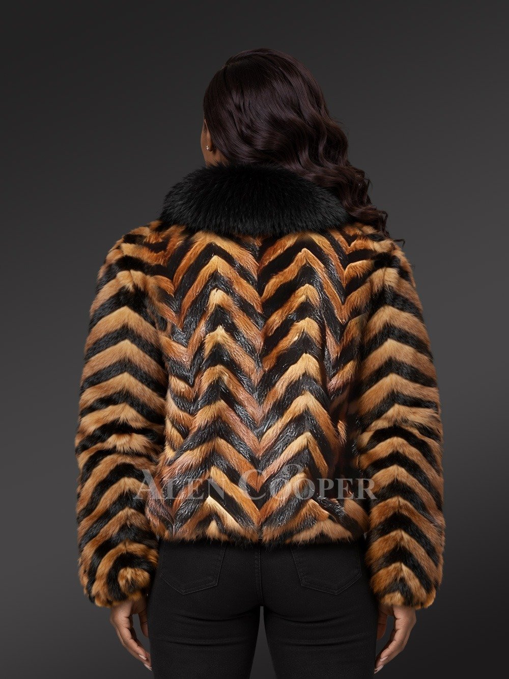 Women’s Herringbone Mink Fur Bomber in Whisky and Black - Image 4
