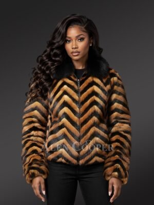 Herringbone Mink Fur Bomber in Whisky and Black