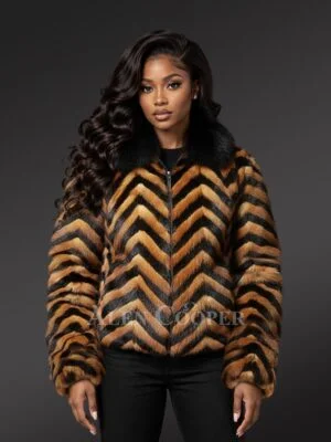 Herringbone Mink Fur Bomber in Whisky and Black