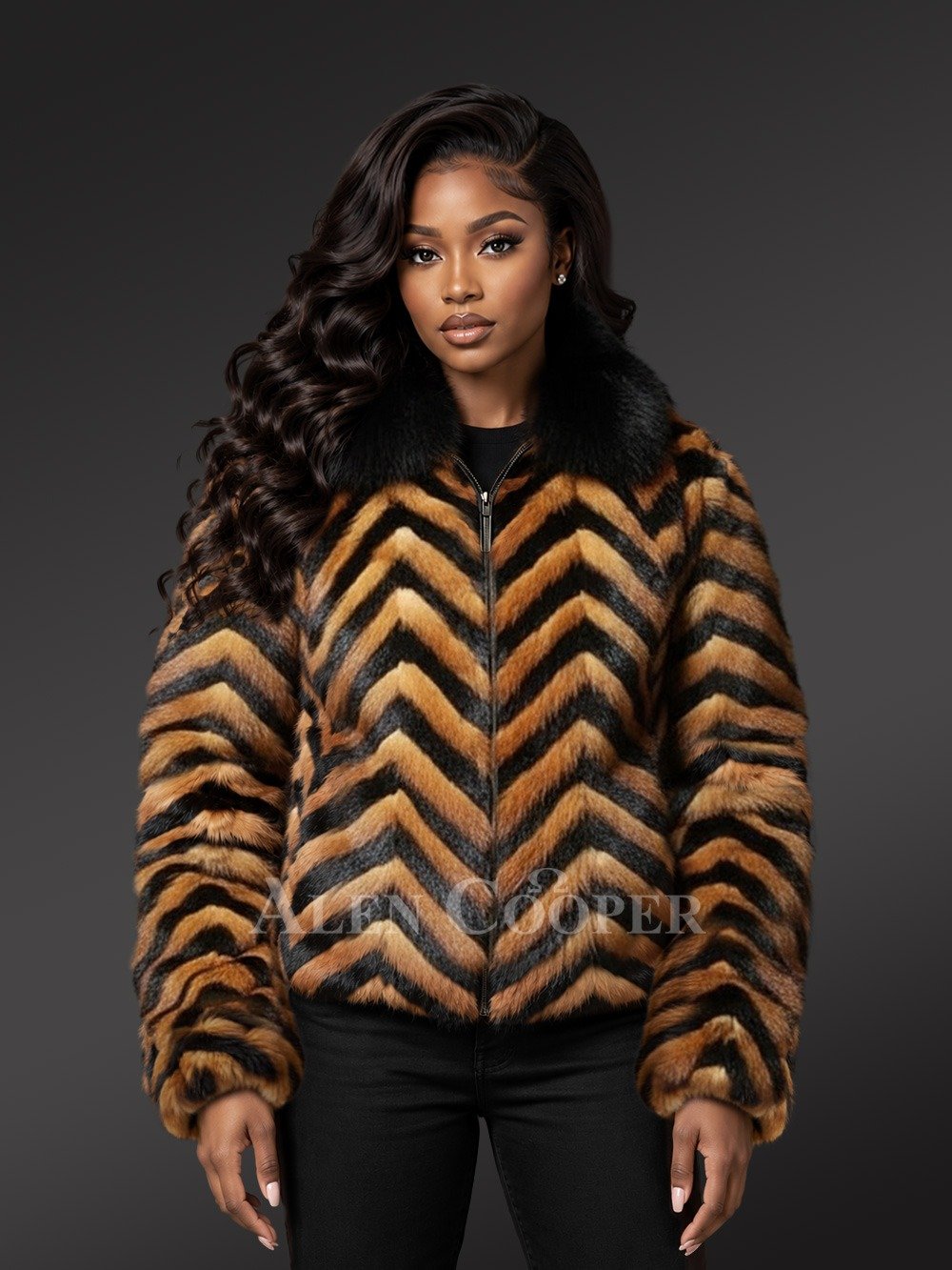 Herringbone Mink Fur Bomber in Whisky and Black