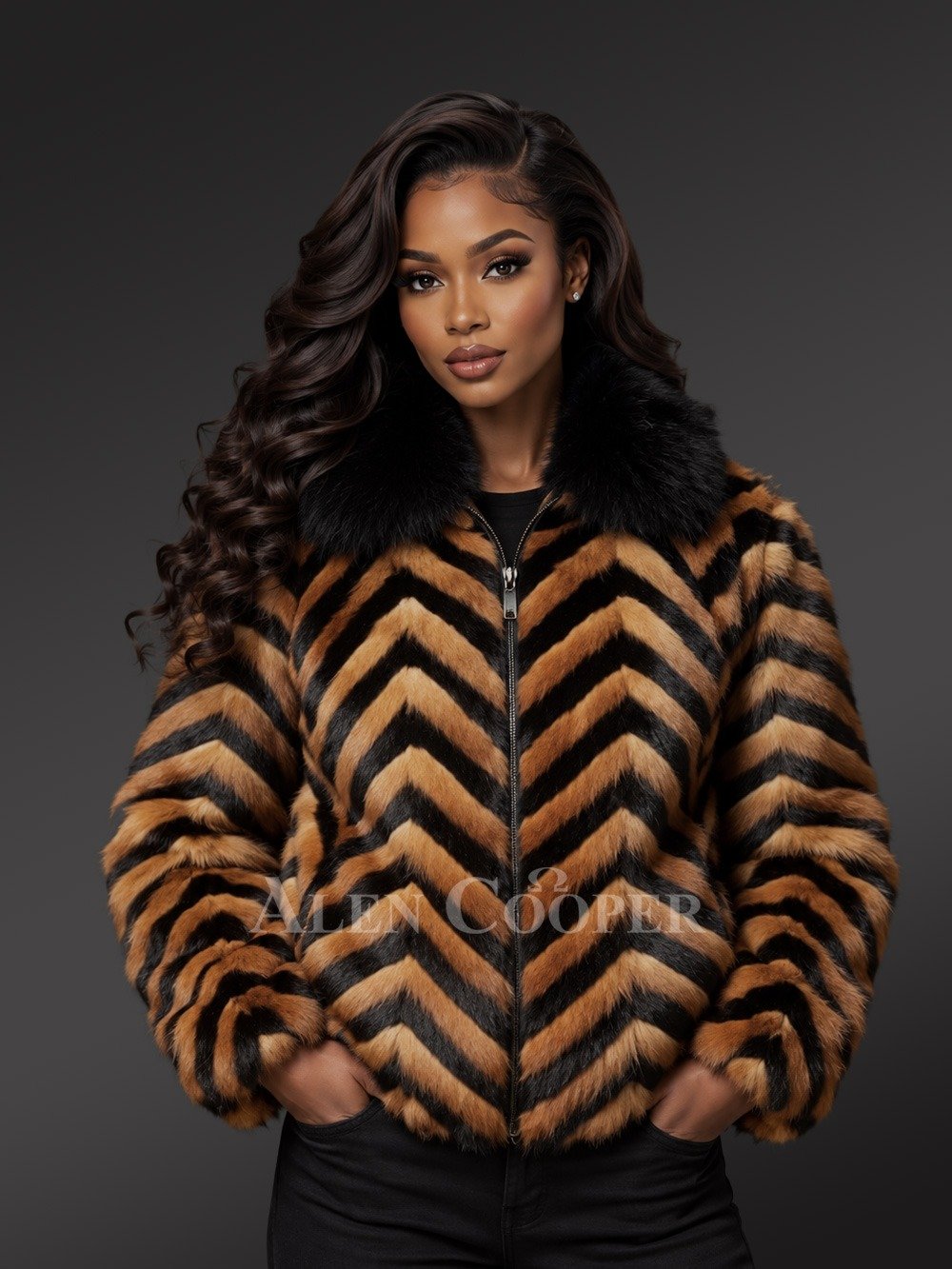 Women’s Herringbone Mink Fur Bomber in Whisky and Black - Image 2
