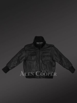 Kid’s Stylish Leather Bomber Jacket in Black