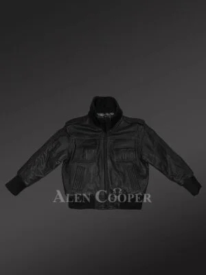 Kid’s Stylish Leather Bomber Jacket in Black