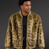 Men Mink Baseball Bomber in Olive Green