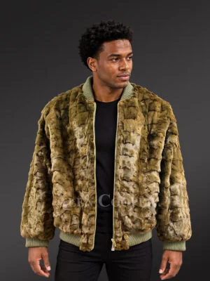 Men Mink Baseball Bomber in Olive Green