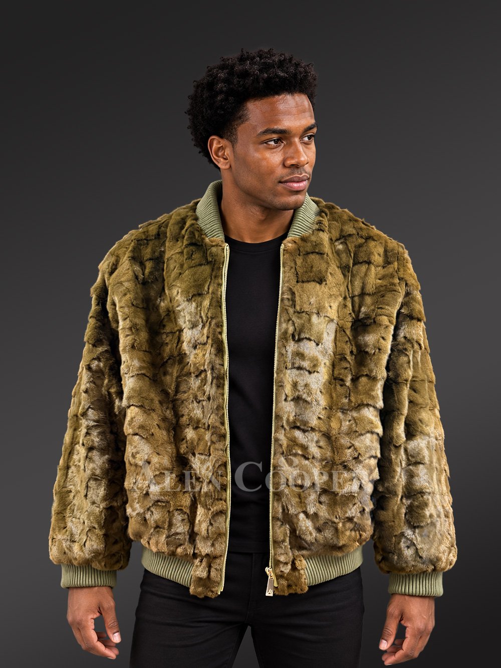 Men Mink Baseball Bomber in Olive Green