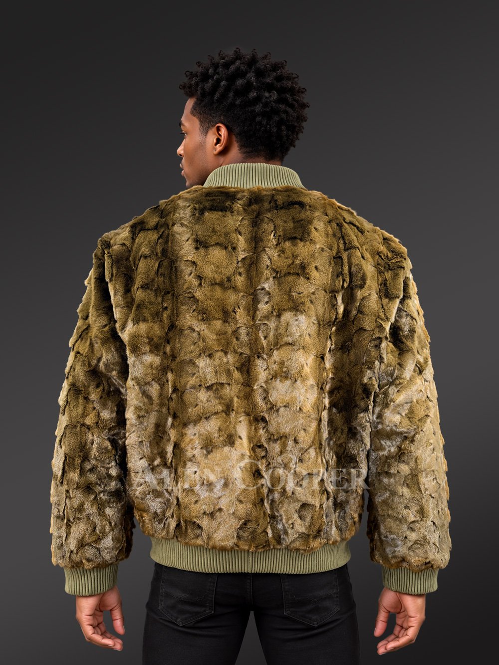 Men Mink Baseball Bomber in Olive Green - Image 4