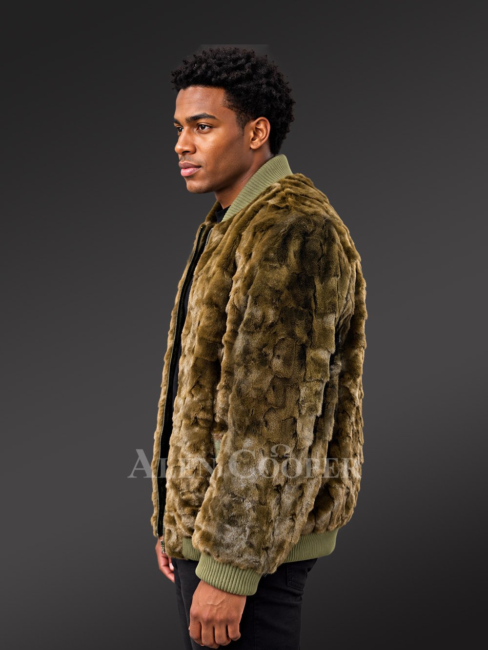 Men Mink Baseball Bomber in Olive Green - Image 3