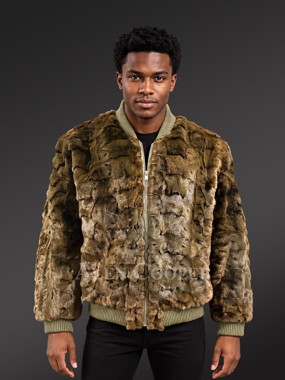 Men Mink Baseball Bomber in Olive Green - Image 2