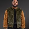 Men’s Olive Tan Rabbit Fur Varsity Bomber Jacket