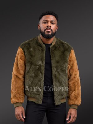 Men’s Olive Tan Rabbit Fur Varsity Bomber Jacket