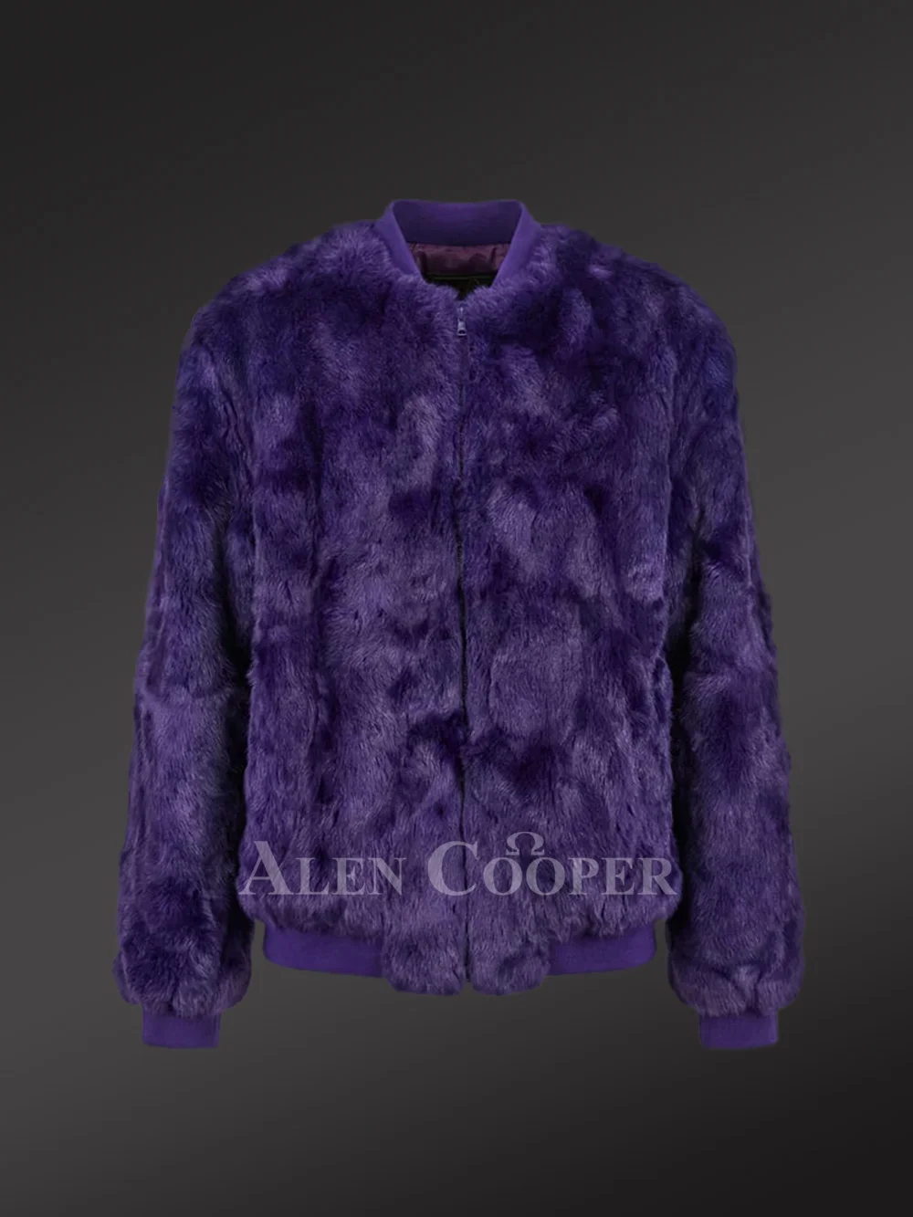 Men’s Rabbit Fur Varsity Bomber Jacket in Purple - Image 3