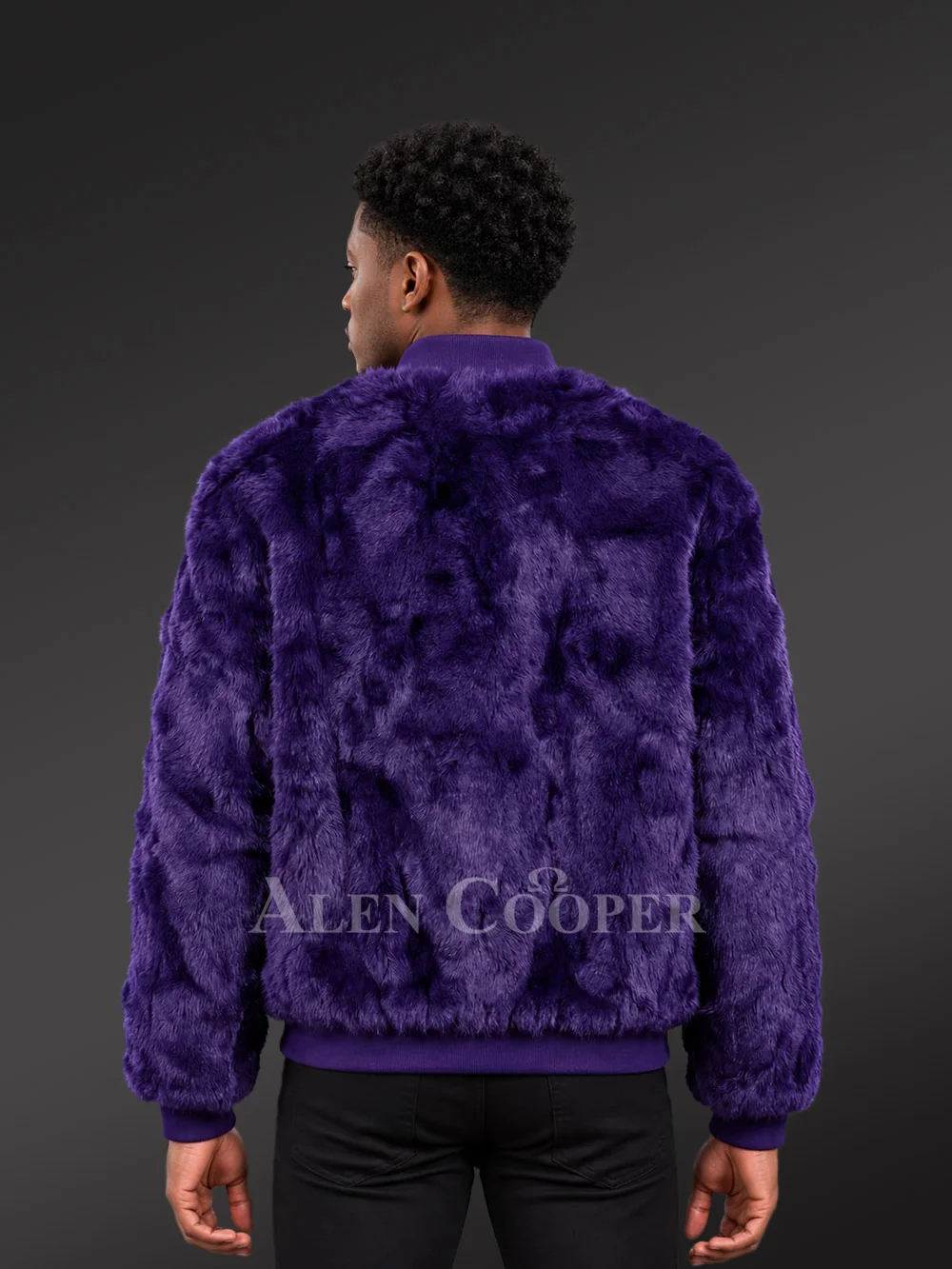 Men’s Rabbit Fur Varsity Bomber Jacket in Purple - Image 4
