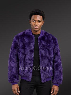 Men’s Purple Rabbit Fur Varsity Bomber Jacket