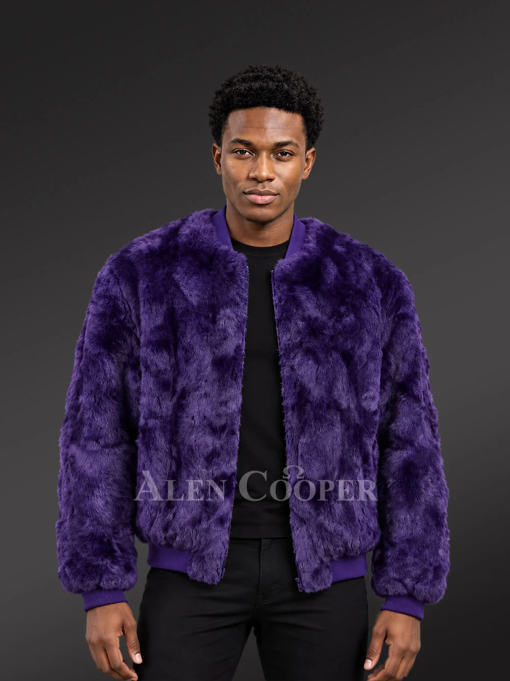 Men’s Purple Rabbit Fur Varsity Bomber Jacket