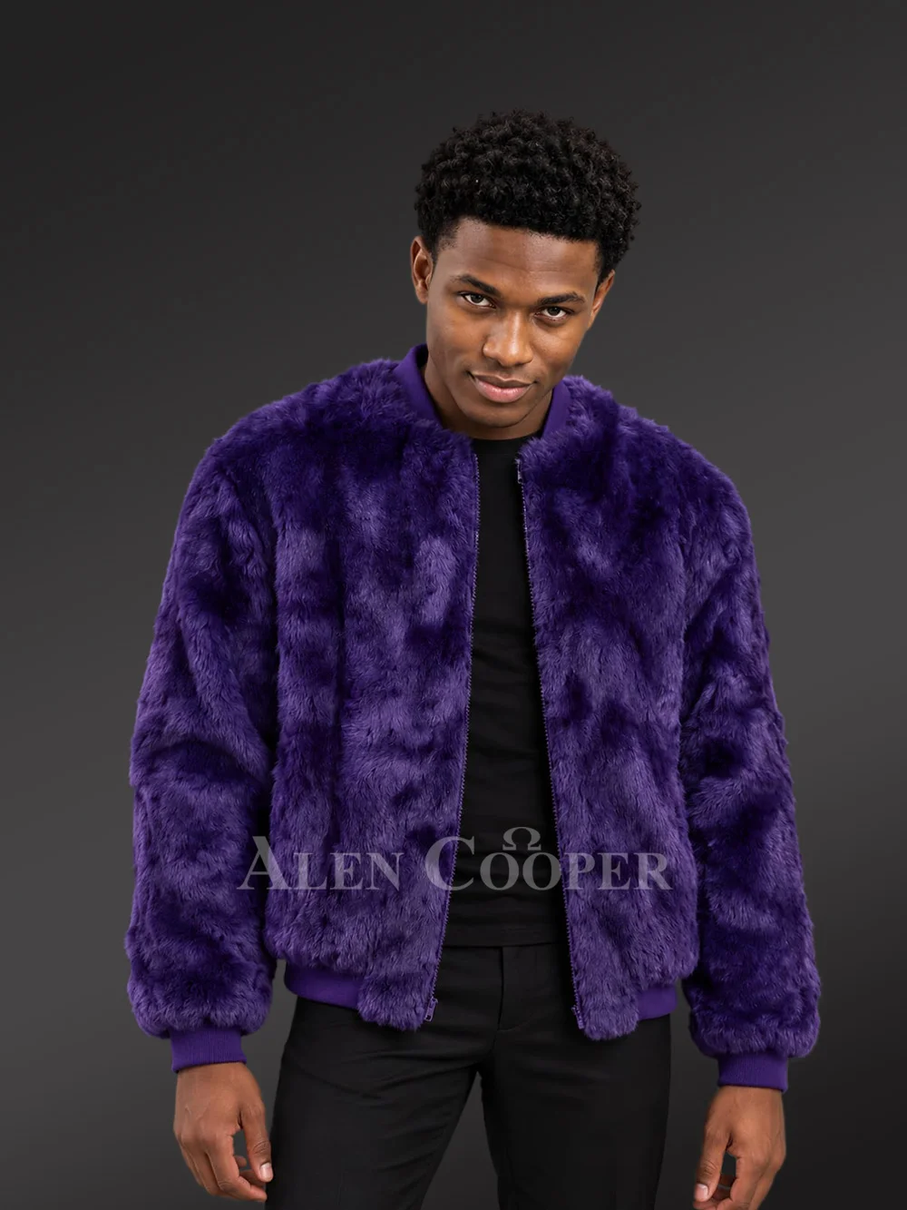 Men’s Rabbit Fur Varsity Bomber Jacket in Purple - Image 2
