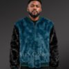 Men’s Turquoise & Black Rabbit Fur Varsity Jacket