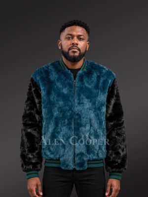 Men’s Turquoise & Black Rabbit Fur Varsity Jacket