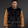Men’s Black & Tan Rabbit Fur Varsity Bomber Jacket