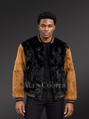 Men’s Black & Tan Rabbit Fur Varsity Bomber Jacket