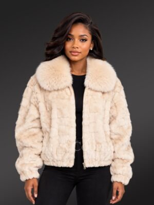 Shop the Mink Bomber Jacket with Fox Collar in Beige by Alen Cooper, featuring luxurious mink fur, a plush fox collar, front zip closure and modern styling.