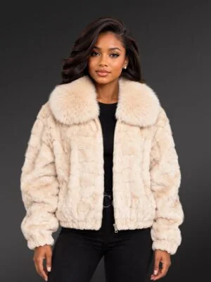 Shop the Mink Bomber Jacket with Fox Collar in Beige by Alen Cooper, featuring luxurious mink fur, a plush fox collar, front zip closure and modern styling.