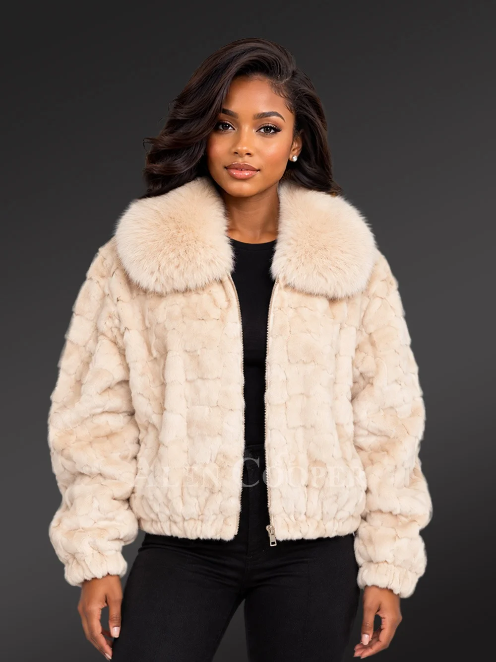 Shop the Mink Bomber Jacket with Fox Collar in Beige by Alen Cooper, featuring luxurious mink fur, a plush fox collar, front zip closure and modern styling.