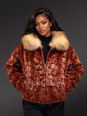 Mink Bomber Jacket with Fox Collar in Whisky