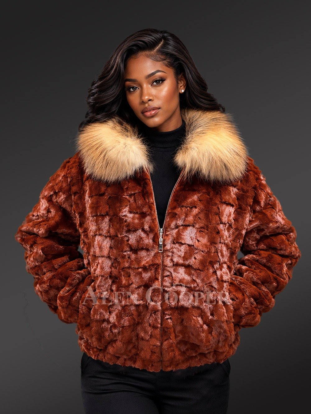Mink Bomber Jacket with Fox Collar in Whisky