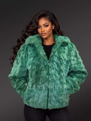 Mink Bomber Jacket with Hood in Green