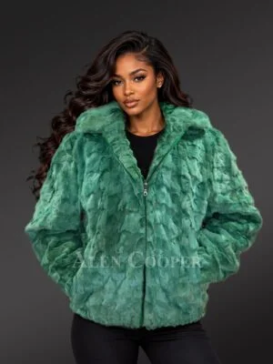 Mink Bomber Jacket with Hood in Green