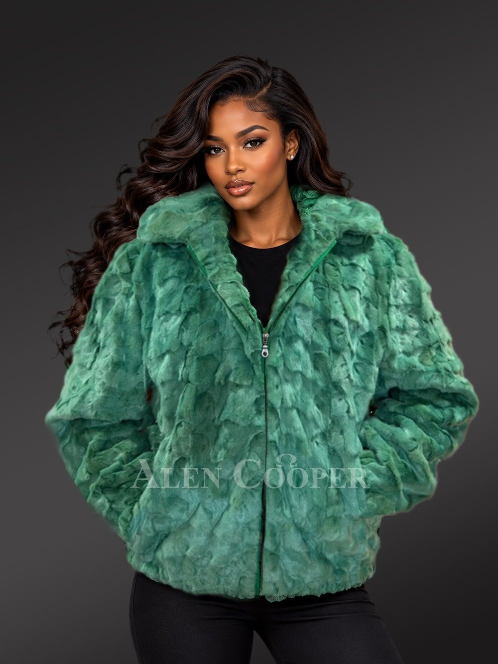 Mink Bomber Jacket with Hood in Green