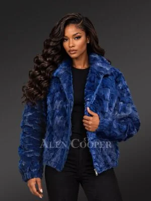 Mink Bomber Jacket with Hood in Navy