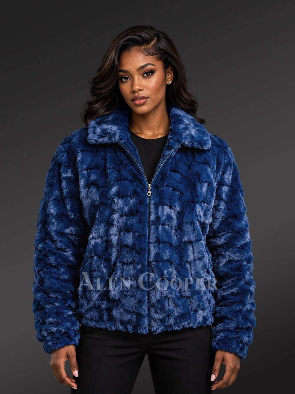Mink Bomber Jacket with Hood in Navy - Image 2