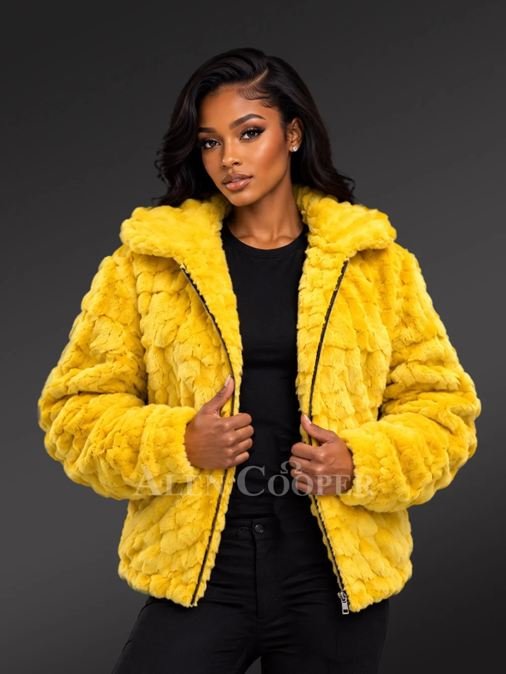Mink Bomber Jacket with Hood in Yellow | Alen Cooper