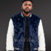Navy & White Rabbit Fur Varsity Bomber Jacket