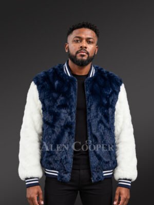 Navy & White Rabbit Fur Varsity Bomber Jacket