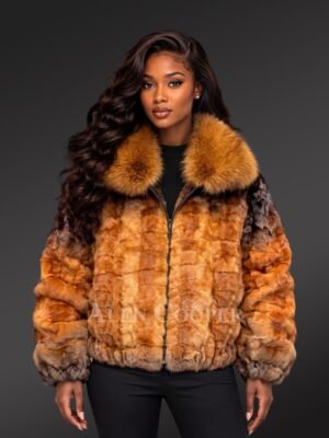 Women’s Whisky Mink Bomber Jacket with Fox Fur Collar